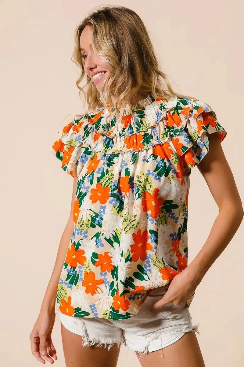 BiBi Multi Color Floral Print Woven Top for Women - Love Salve
